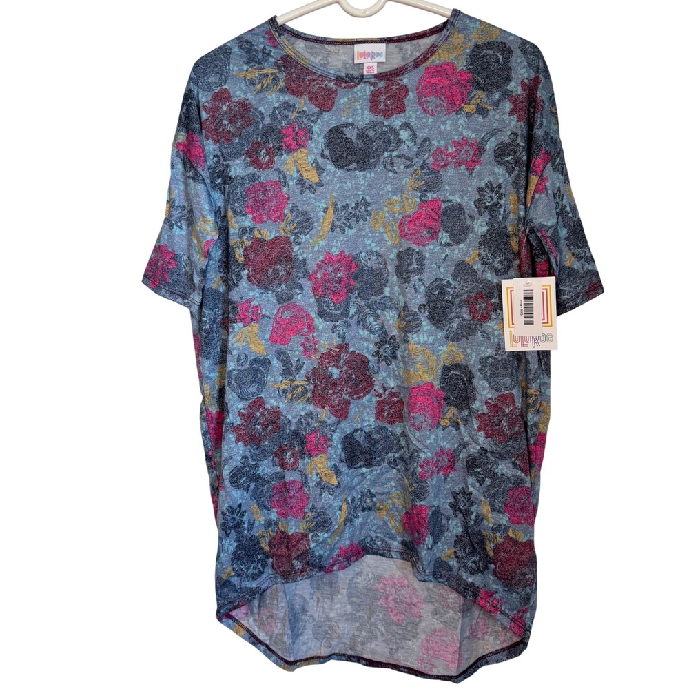 NWT LuLaRoe Irma Blue with Floral Print Top Women's Sz XXS Hi Low Hem Oversized